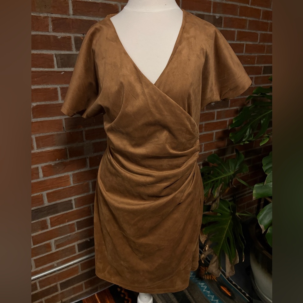 Ruched Suede Wrap Dress with Zipper